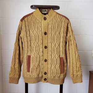 Gold Cable Knit Cardigan Sweater Jacket with Grey Sherpa Lining Size XXL